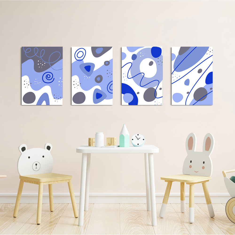 Blue Abstract Organic Shapes 4 Pieces Kids Metal Wall Art.