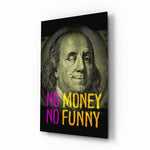 Benjamin Franklin Money Humor glass wall art displayed above a console in a designer interior