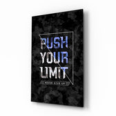Push Your Limit camo glass wall art mounted in a modern home gym