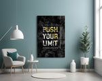 Push Your Limit gold motivational artwork above a weight bench