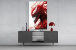 Sinister red glass wall art catching light to reveal its lacquered depth
