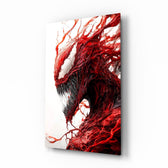 Sinister red symbiote glass wall art in a modern gaming room