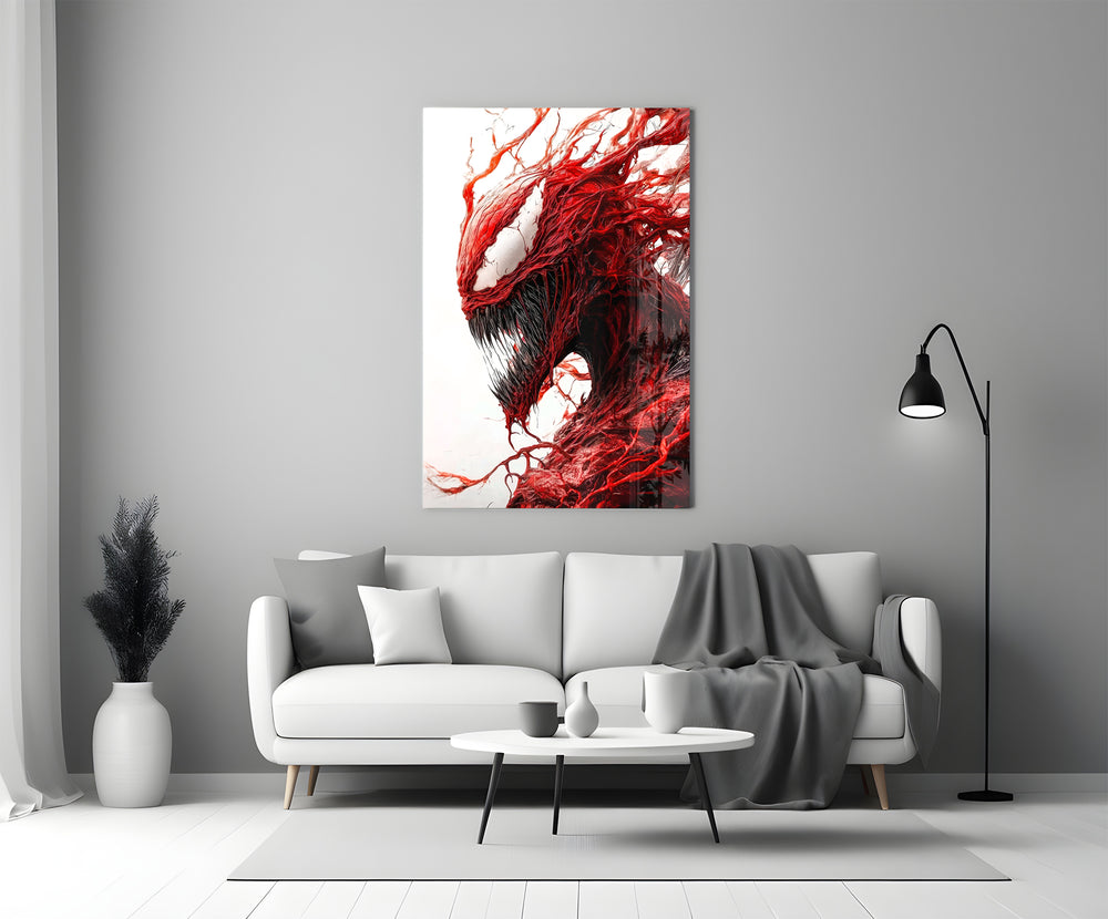 Sinister red figure glass print in a cinema-room accent wall