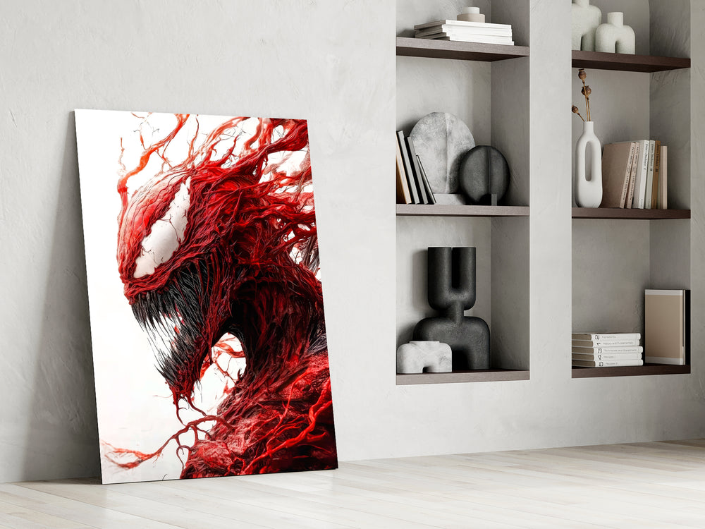 Symbiote portrait artwork against a moody dark-painted wall