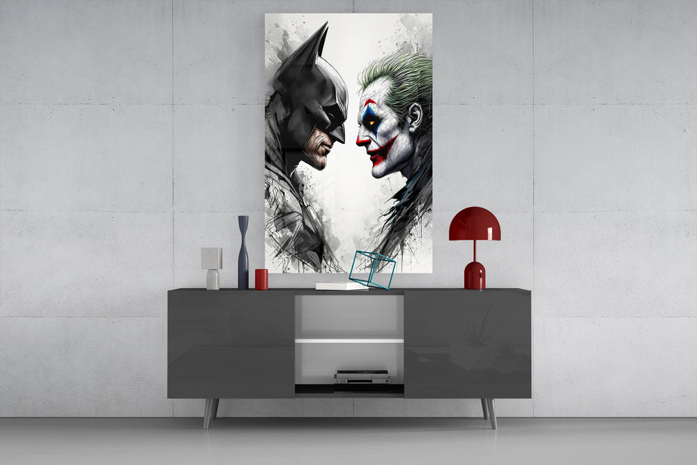 Batman vs. Joker glass wall art catching light to reveal its splatter texture