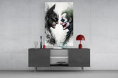 Batman vs. Joker glass wall art catching light to reveal its splatter texture