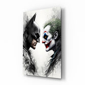 Batman vs. Joker glass wall art mounted in a modern gaming room