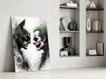 Inky face-off artwork in a contemporary entertainment lounge