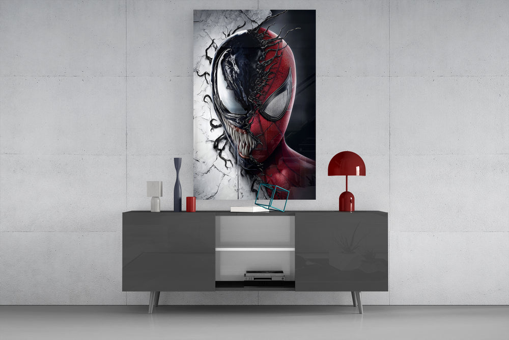Split-face glass wall art catching light to reveal its cracked-wall depth