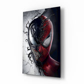 Venom Spider-Man split-face glass wall art in a modern gaming room