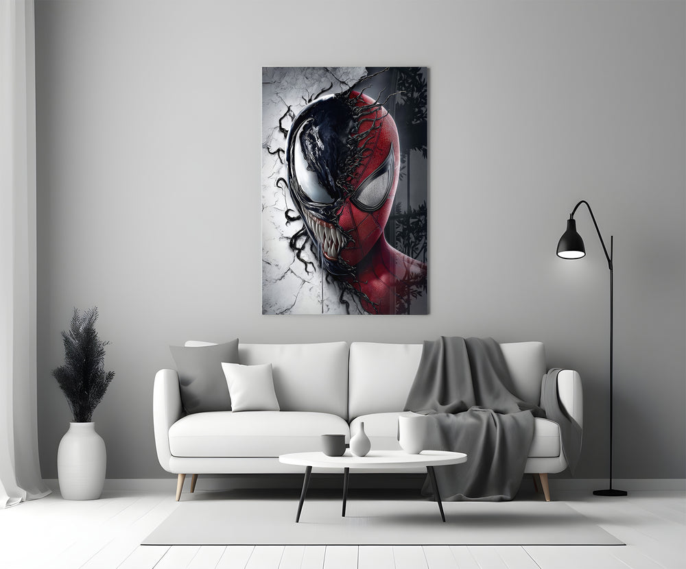 Venom Spider-Man glass print bringing comic edge to a man cave