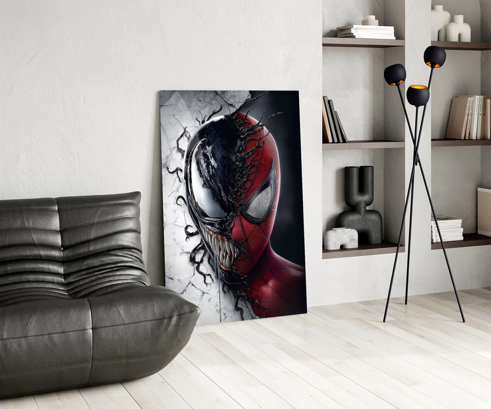 Split-face Marvel panel against a moody dark-painted wall