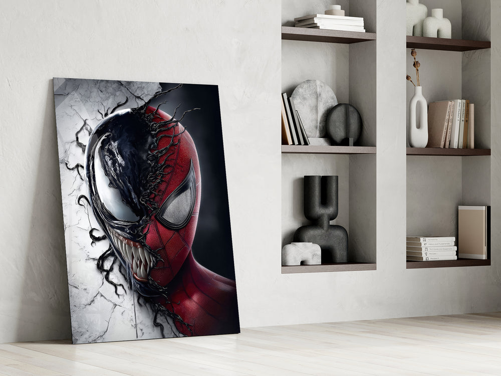 Venom and Spider-Man artwork above a gaming setup with ambient light