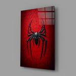 Crimson spider-emblem panel anchoring a teen's bedroom wall