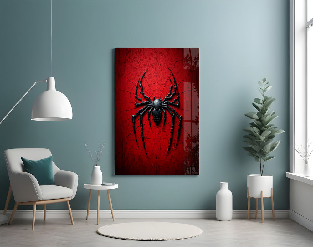 Spider emblem artwork styled in a cinema-room accent wall