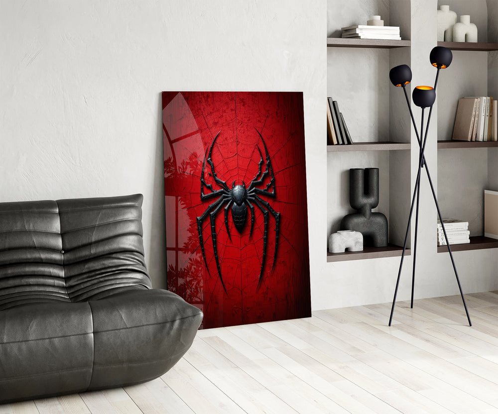 Crimson superhero panel against a moody dark-painted wall