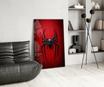 Crimson superhero panel against a moody dark-painted wall