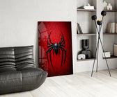 Crimson superhero panel against a moody dark-painted wall