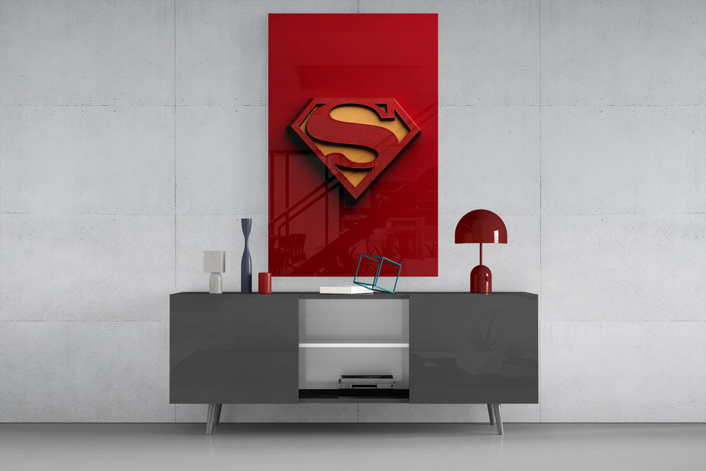 Superman shield glass wall art catching light to reveal its bevel depth