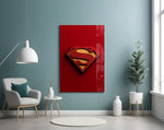 Superman shield artwork styled in a cinema-room accent wall