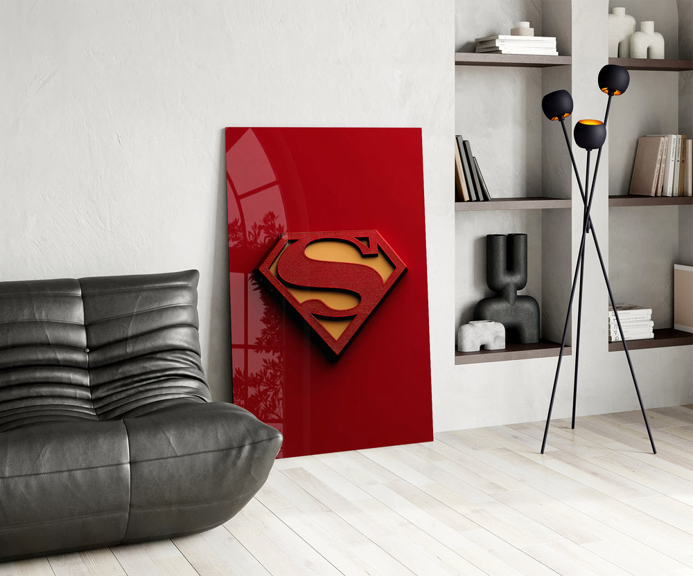 Crimson shield panel against a moody dark-painted wall
