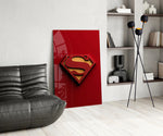 Crimson shield panel against a moody dark-painted wall