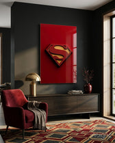 Superman Logo on Red Glass Wall Art - Lifestyle preview in a designer interior