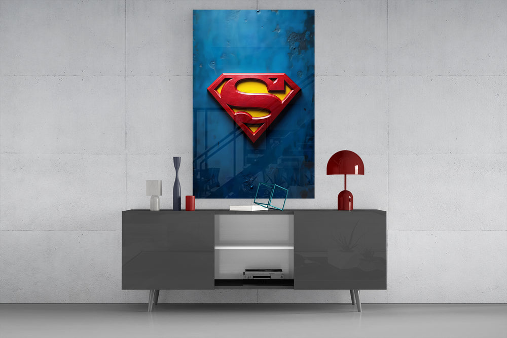 Superman shield glass wall art catching light to reveal its bevel depth