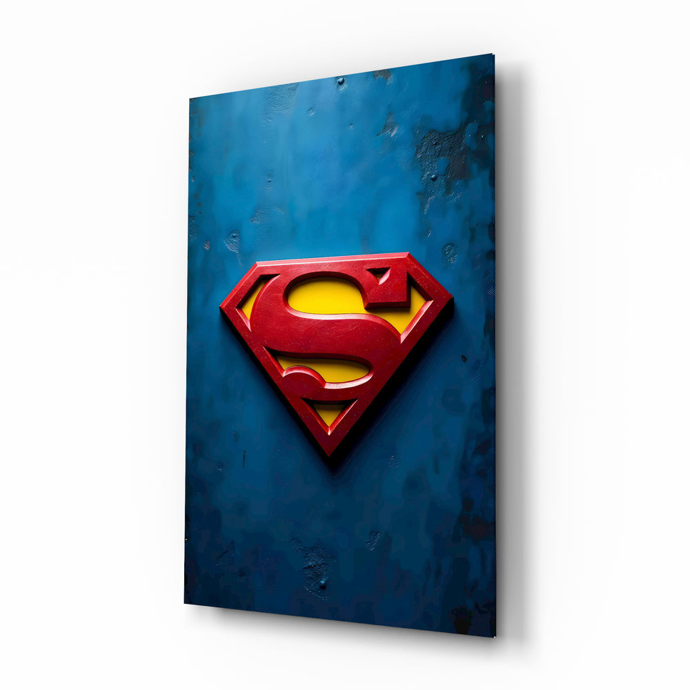 Superman shield blue glass wall art in a modern study
