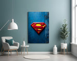 Superman shield artwork styled in a cinema-room accent wall