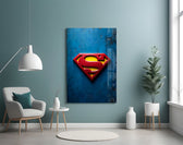Superman shield artwork styled in a cinema-room accent wall