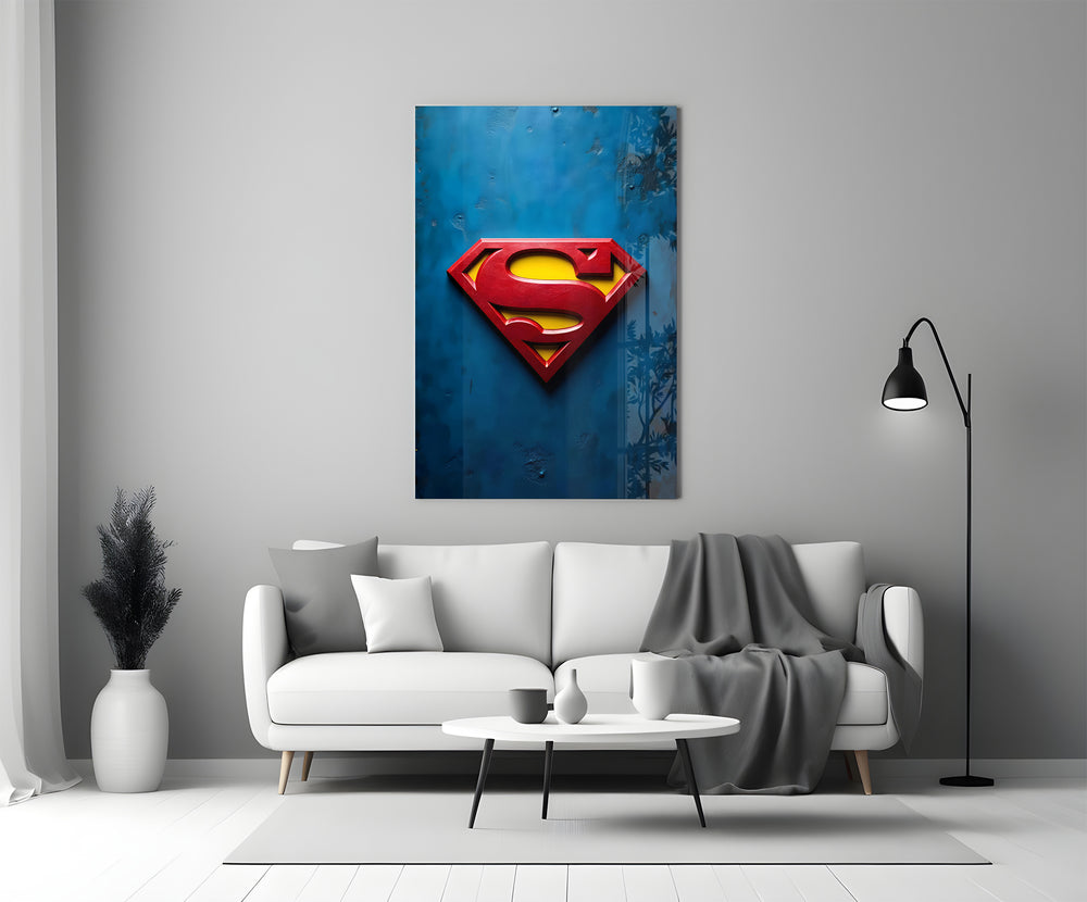 Hero emblem glass print bringing superhero gravitas to a man cave