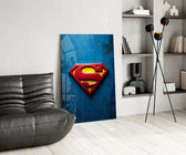 Cobalt shield panel against a moody dark-painted wall