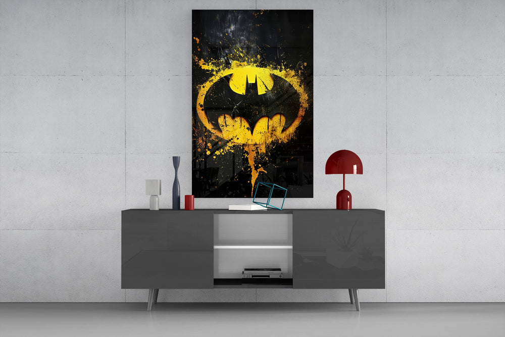 Batman Splash glass wall art catching light to reveal its graffiti texture