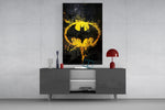 Batman Splash glass wall art catching light to reveal its graffiti texture