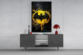 Batman Splash glass wall art catching light to reveal its graffiti texture