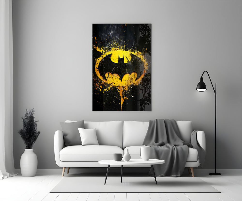 Hero emblem glass print bringing street-art edge to a man cave