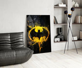 Yellow Batman panel against a moody dark-painted wall