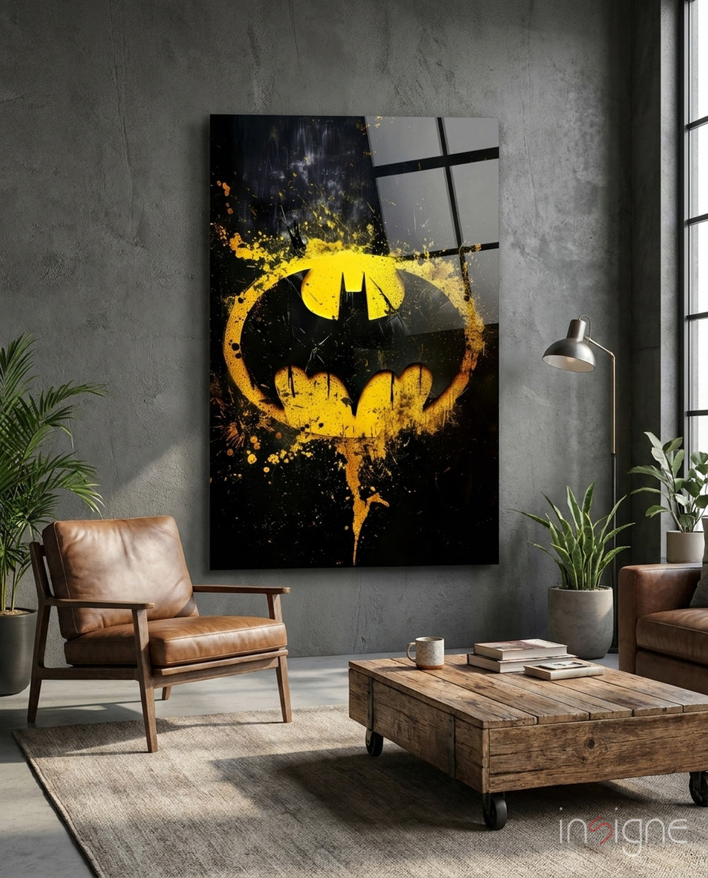 Batman Logo Splash Glass Wall Art - Lifestyle preview in a designer interior