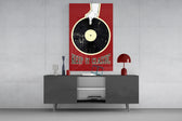 Keep It Classic glass wall art catching light to reveal its poster texture