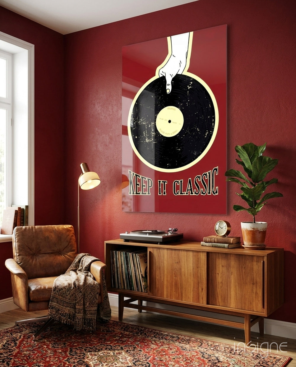 Classic Vinyl Record Glass Wall Art - Lifestyle preview in a designer interior