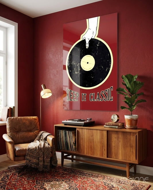 Classic Vinyl Record Glass Wall Art - Lifestyle preview in a designer interior