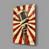 Retro sunburst microphone panel anchoring a podcast room wall