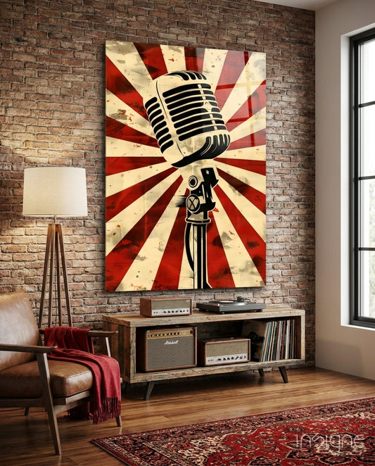 Vocal Icon Microphone Glass Wall Art - Lifestyle preview in a designer interior