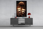 Tragedy and Comedy glass wall art catching light to reveal its painterly depth