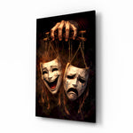 Tragedy and Comedy masks glass wall art in a modern study