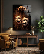 Tragedy and Comedy Masks Glass Wall Art - Lifestyle preview in a designer interior