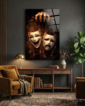 Tragedy and Comedy Masks Glass Wall Art - Lifestyle preview in a designer interior