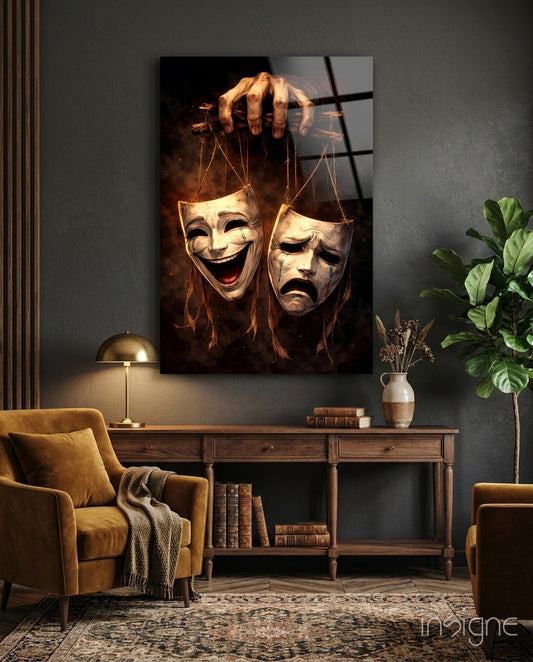 Tragedy and Comedy Masks Glass Wall Art - Lifestyle preview in a designer interior
