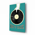 Keep It Classic teal vinyl glass wall art in a modern listening room